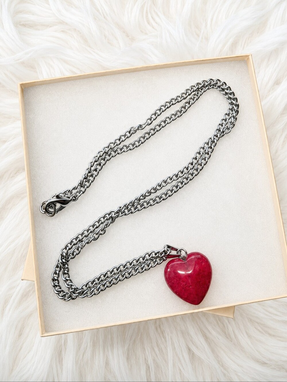 NWT Handmade Red Heart Pendant Necklace Silver Chain Rhodonite Gemstone Sz 18.5"